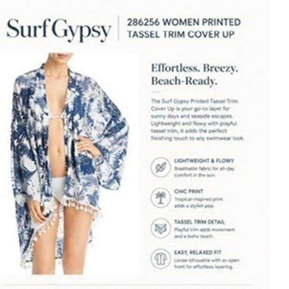 Surf Gypsy 286256 Women Printed Tassel Trim Cover Up, Size Large